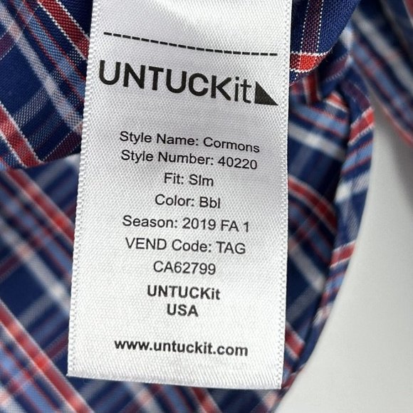 Untuckit Cormons Button Down Shirt Mens Size Large Red White Blue Plaid Slim Fit - Picture 8 of 10